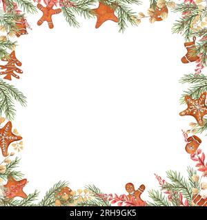 Aquarellrahmen aus Weihnachtsfichte, Lebkuchenkleckse, getrocknete Pflanzen isoliert auf weiß. Gelbe und Terrakotta-Kräuter, Lebkuchenmann, Sterne Stockfoto