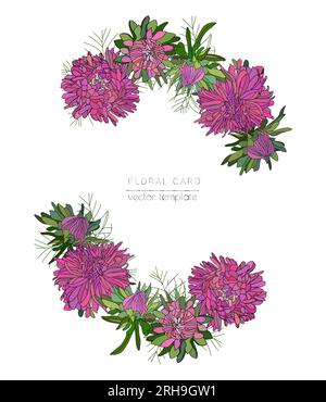 Von Hand gezeichneter Vektor mit Astern Blumen, Gänseblümchen, grünen Blättern, Kranz von Astern Stock Vektor