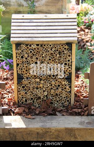 Ein aus Holz und Cane Garden gefertigtes Tier Bug House. Stockfoto