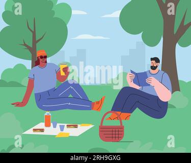 Leute im Park. Sommerurlaub und Picknick. Ein Mann liest Buch, ein Mädchen trinkt Kaffee. Abbildung eines flachen Vektors Stock Vektor