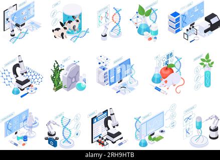 Set mit isolierten biotechnologischen Zusammensetzungen isometrischer Ikonen mit Molekularstrukturen von Laborgeräten und Vektordarstellung von Computerarbeitsplätzen Stock Vektor
