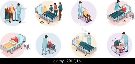 Isometrische Rundkompositionen im Krankenhaus bei älteren Menschen isoliert auf weißem Hintergrund als Vektordarstellung Stock Vektor