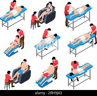 Isometrisches Massageset mit isolierten Kompositionen von Massagetherapeuten und Patienten auf Tischen und Stühlen Vektordarstellung Stock Vektor