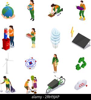 Isometrische Icons für Umweltbewusstsein mit alternativen Energiequellen und Menschen, die sich um die Umwelt kümmern, isolierte Vektordarstellung Stock Vektor