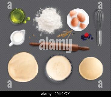 Backwaren mit realistischen Bildern auf transparentem Hintergrund mit Symbolen von Küchenartikeln und Zutaten für die Zubereitung von Vektorbildern Stock Vektor