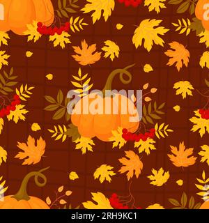 Nahtloses Herbstmuster. OrangenKürbis mit bunten, mehrfarbigen Herbstblättern mit roten Schornsteinen auf braunem Hintergrund. Vektorherbstbeleuchtung Stock Vektor