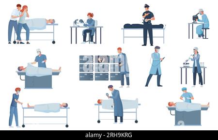Leichenschauhaus Wohnung Satz von verstorbenen Menschen Polizist forensische Pathologe und medizinische Experten arbeiten mit der Leiche und im Labor isolierte Vektordarstellung Stock Vektor