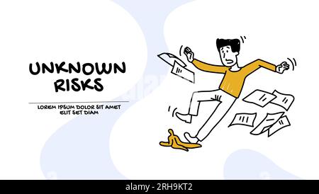 vektor eines Mannes mit Dokumenten, die auf einer Bananenhaut ausrutschen. Unbekannte Risiken im Geschäftskonzept Stock Vektor