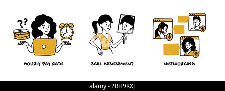 Freiberufliche Tätigkeit, Selbsteinschätzung und Netzwerkkonzept. Vektorgruppe von Freiberuflern Stock Vektor