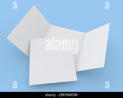 Öffnen Sie den leeren dreifach gefalteten Flyer und das A4-Blatt-Modell auf blauem Hintergrund. 3D-Rendering-Illustration. Stockfoto