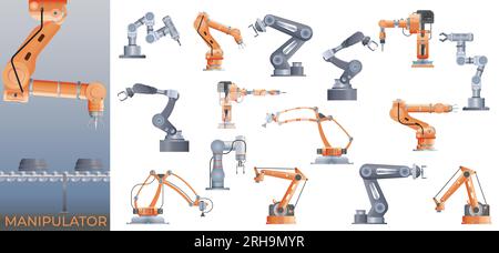 Roboter-Manipulatorarm realistische Komposition mit Ansicht von industriellem Linientext und isolierten Symbolen von Manipulatoren Vektordarstellung Stock Vektor