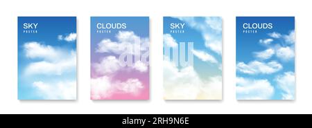 Poster „realistischer Wolkenhimmel“ mit vier isolierten vertikalen Kompositionen mit textfarbenem Himmel und Vektordarstellung der Wolken Stock Vektor