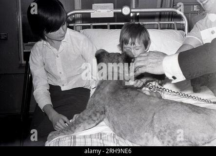 1970er, historisch, ein kleiner Junge in einem Krankenhausbett bekommt eine Überraschung Besuch von einem Löwenjungen, England, Großbritannien... wie Sie es tun, wenn Sie im Krankenhaus sind! Stockfoto