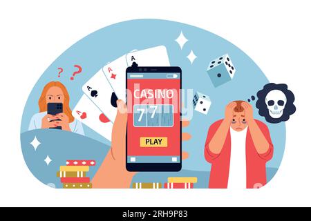 Menschliches Suchtkonzept mit Spielkarten Würfel Casino-App auf Smartphone-Bildschirm Vektordarstellung Stock Vektor