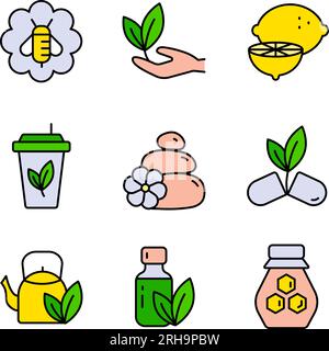 Farbsymbole Für Vektortherapie Naturheilkunde. Medikationspiktogramme Für Naturheilkunde. Natürliche Inhaltsstoffe, Abbildungen Der Alternativmedizin Stock Vektor