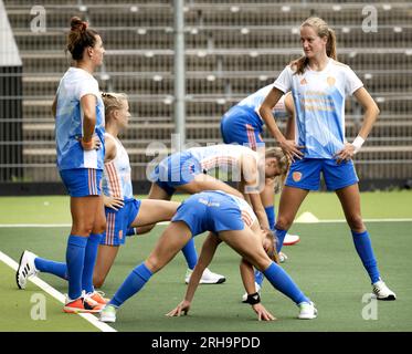 AMSTELVEEN - Frederique Matla mit Maske, Felice Albers der niederländischen Hockeyfrauen während des letzten Trainings vor der europäischen Hockeymeisterschaft in Mönchengladbach. ANP OLAF KRAAK niederlande raus - belgien raus Stockfoto