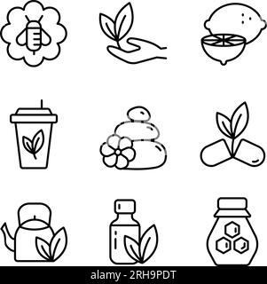 Vektorliniensymbole Für Naturheilkunde-Therapie. Naturheilmittel Lineare Piktogramme. Natürliche Inhaltsstoffe, Abbildungen Der Konturen Alternativer Medizin Stock Vektor