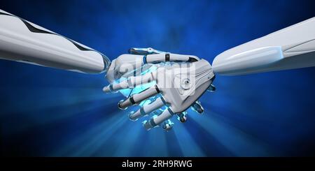 Nahaufnahme des Handschlags zwischen zwei menschlichen, weißen android-Händen mit blauem Licht vor dunklem Hintergrund. 3D-Illustration Stockfoto