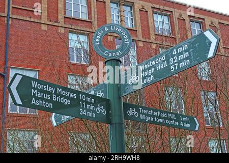 Sehenswürdigkeiten am Leeds und Liverpool Canal Fingerpost, Trencherfield Mill, Wigan, Lancashire, England, WN3 4EF Stockfoto