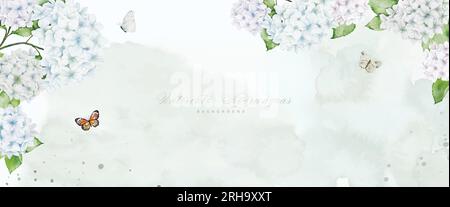 Aquarelle Kunst mit weißen Hortensien, dekoriert mit Schmetterlingen und Flecken für horizontalen Hintergrund. Vektorhintergrund perfekt für Banner, h Stock Vektor
