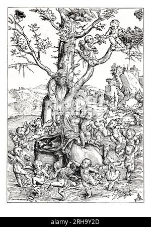 Die Ruhe in Ägypten mit tanzenden Engeln. Gravur nach Luca Cranach. Durch den Raub des Nests im Baum deutet der Maler genial auf das Massaker der Unschuldigen hin, das den Flug nach Ägypten verursachte. Aus dem Leben der Heiligen von Sabin Baring-Gould. Stockfoto