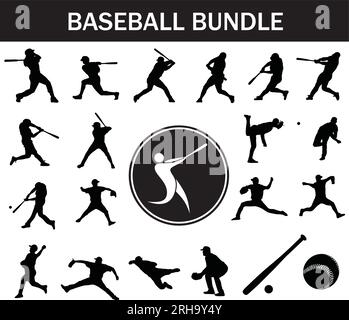 Baseball-Silhouetten-Paket | Kollektion von Baseballspielern mit Logo und Baseballausrüstung Stock Vektor