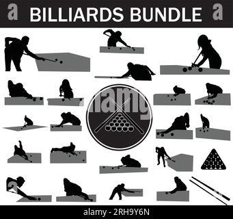 Billard Silhouette Paket | Billard-Spieler mit Logo und Billard-Ausrüstung Stock Vektor