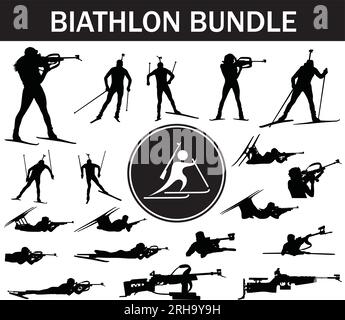 Biathlon Silhouette Paket | Kollektion von Biathlon Playern mit Logo und Biathlon Ausrüstung Stock Vektor