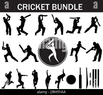 Cricket-Silhouette-Paket | Kollektion von Cricket-Spielern mit Logo und Cricket-Ausrüstung Stock Vektor