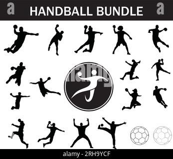Handball-Silhouetten-Paket | Kollektion von Handballspielern mit Logo und Handballausrüstung Stock Vektor