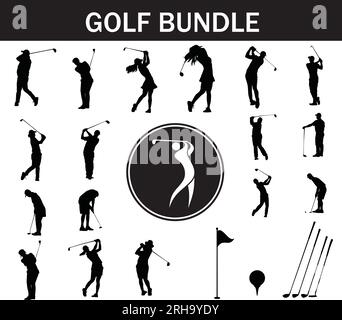 Golf Silhouette Paket | Kollektion von Golfspielern mit Logo und Golfausrüstung Stock Vektor