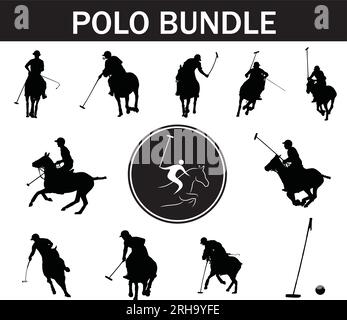 Polo Silhouette Paket | Kollektion von Polospielern mit Logo und Poloausrüstung Stock Vektor