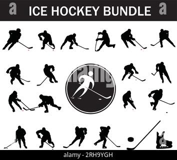 Eishockey-Silhouette-Paket | Kollektion von Eishockeyspielern mit Logo und Eishockeyausrüstung Stock Vektor