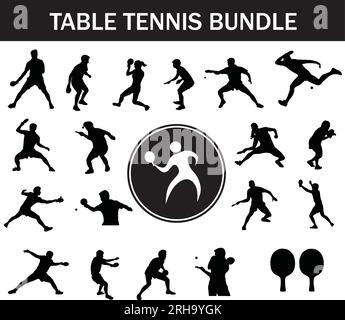 Tischtennis Silhouetten-Paket | Kollektion von Tischtennisspielern mit Logo und Tischtennisausrüstung Stock Vektor
