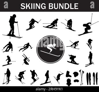 Silhouette-Paket zum Skifahren | Sammlung von Skispielern mit Logo und Skiausrüstung Stock Vektor