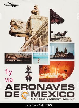 Fliegen Sie über Aeronaves de Mexico Poster 1960er Jahre). Mexikanisches Reiseplakat Stockfoto