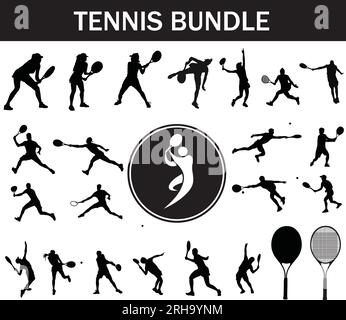 Tennis Silhouette Paket | Sammlung von Tennisspielern mit Logo und Tennisausrüstung Stock Vektor