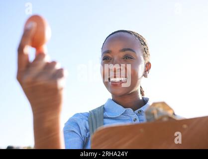 Frau, Qualität und Ei in der Hand auf dem Bauernhof mit Klemmbrett draußen für nachhaltige Kleinunternehmen in Afrika. Inspektion der Geflügelhaltung, Checkliste und Stockfoto