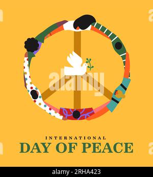 Internationaler Tag des Friedens Vektorbanner-Illustration. Die Gruppe umarmt sich in einem Kreis und schafft die Form des Friedenssymbols und der weißen Taube mit Oli Stock Vektor