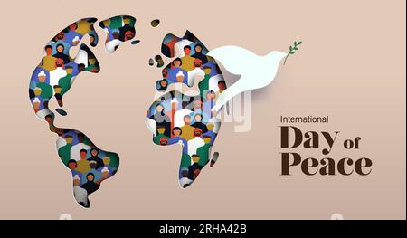 Vektorkarte zum internationalen Friedenstag. 3D Papercut Weltkarte mit verschiedenen Personengruppen und Symbol für weiße Taube. Grafikdesign Stock Vektor