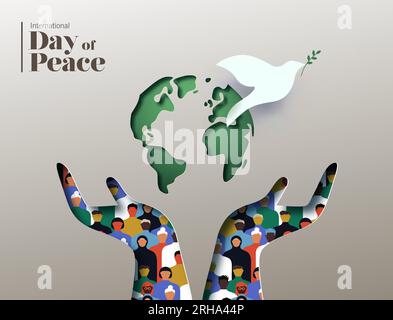 Vektorkarte zum internationalen Friedenstag. Hände mit verschiedenen Menschen Gruppe im Inneren in Papercut Design, Weltkarte und weißen Tauben Symbol Concep Stock Vektor