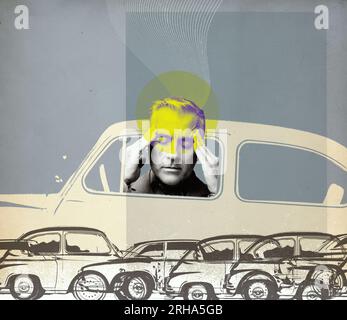 Ein erschöpfter gestresster Mann, der sein Auto im Stau fährt, hat starke Kopfschmerzen und berührt seinen Kopf, eine Collage im Vintage-Stil Stockfoto