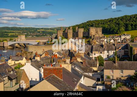 Von den Stadtmauern von Conwy North Wales blickte man auf die Dächer in Richtung Schloss Stockfoto