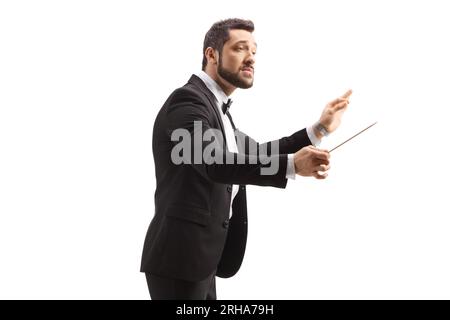 Musikdirektor, der eine Vorstellung auf weißem Hintergrund leitet Stockfoto