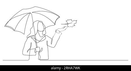 Frau im Mantel und Schal mit Regenschirm im Herbst und Ahornblatt, das nach unten fällt, Monolin und Vektorzeichnung mit durchgehenden Linien Stock Vektor