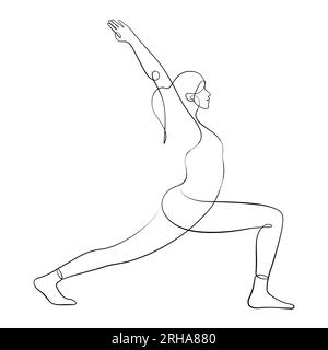 Frau, die Warrior-Yoga macht, Pose gesund beim Training eine Linie zeichnen kalligrafischer Stil Vektordarstellung Stock Vektor