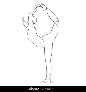 Frau beim Yoga-Posen, Balancevektordarstellung. Einzeilige Zeichnung und durchgehender kalligrafischer Stil. Stock Vektor