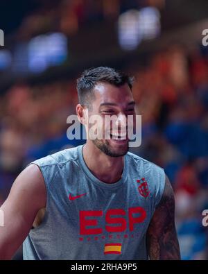 Willy Hernangomez wurde während des Freundschaftsspiels zwischen Spanien und den USA im Palacio de los Deportes Martin Carpena gesehen. Endstand: Spanien 88:98 USA. Stockfoto