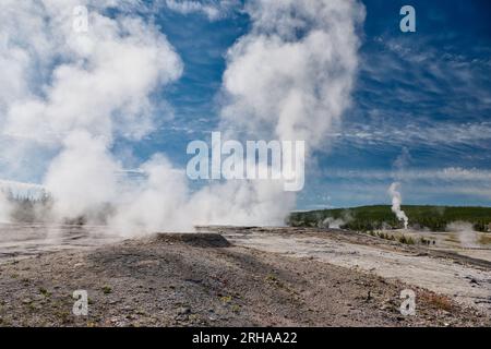 Dampf über dem Upper Geyser Basin, Yellowstone-Nationalpark, Wyoming, Vereinigte Staaten von Amerika Stockfoto