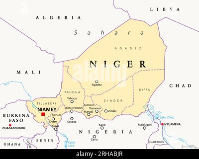 Republik Niger, ein Binnenland und Einheitsstaat in Westafrika. Politische Karte mit Grenzen, Regionen, Hauptstadt Niamey und den größten Städten. Stockfoto